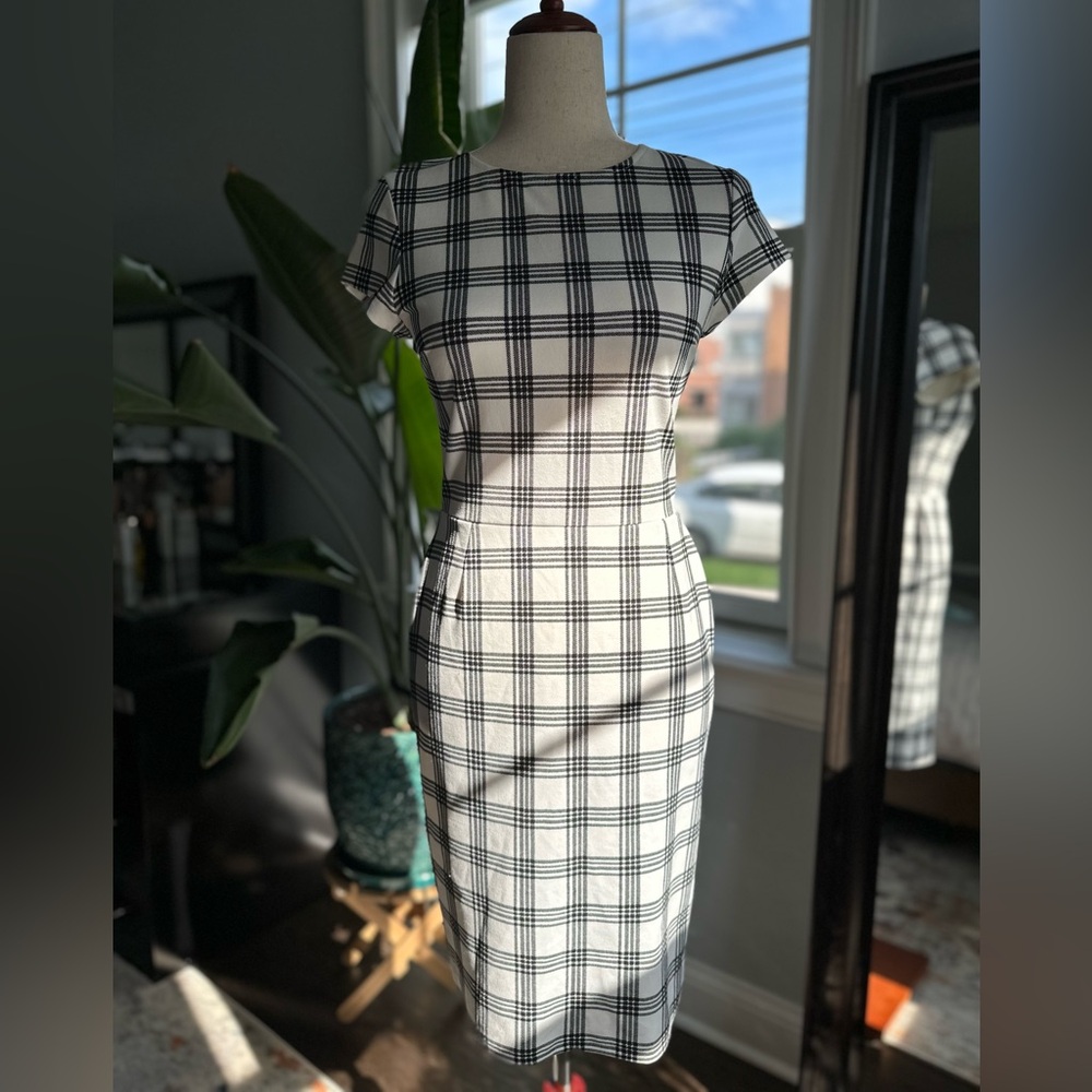 Tartan, black and white, midi dress, short sleeves